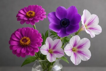 A vibrant bouquet of zinnias and pansies in a clear glass vase against a muted gray backdrop, showcasing their vivid colors and delicate petals