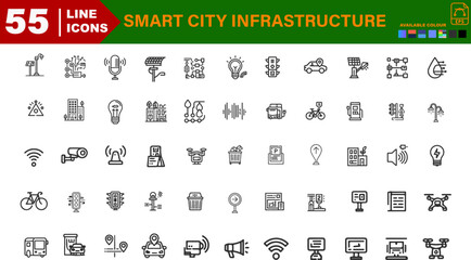 Smart City Infrastructure Icons – Traffic, IoT Lamp Post, AI Waste Bin, Parking