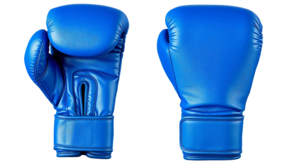 Blue boxing gloves in front and back view, mockup isolated on transparent background
