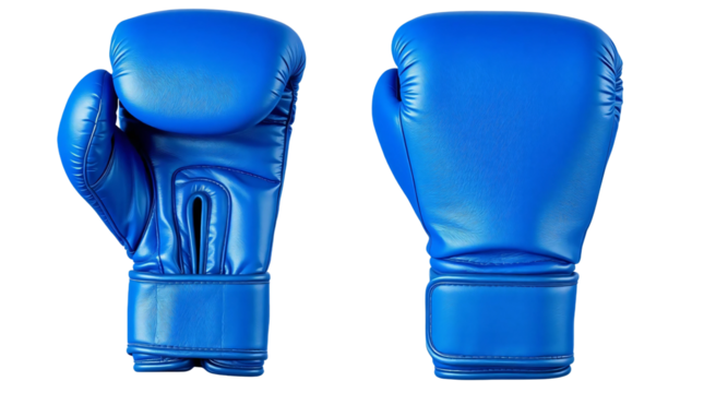 Blue boxing gloves in front and back view, mockup isolated on transparent background