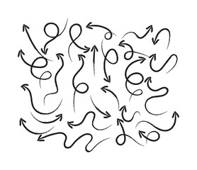 Set of hand-drawn brush stroke arrows in various directions and styles. Perfect for creative design, highlights, infographics, notes, and artistic compositions.