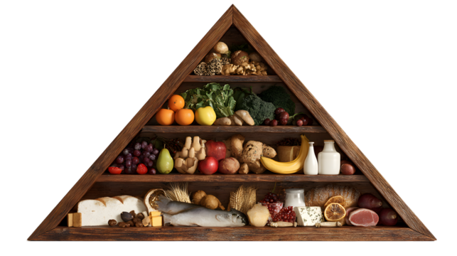wood triangular shelf food pyramid assorted fruits and vegetables isolated on a white background