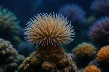 Obraz premium A lone sea anemone stands out against the vibrant coral reef, its tentacles reaching out in a delicate dance of life
