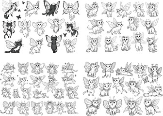 Obraz premium Fairy Cat Line Art Collection. Big set of magical winged kittens with crowns and butterfly wings for coloring books and fantasy designs.