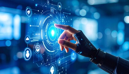 A human hand interacts with an illuminated digital interface