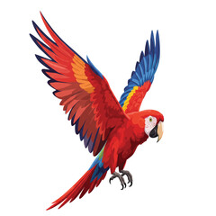 Vibrant Flying Parrot Illustration &ndash; Colorful Scarlet Macaw Bird Artwork with Open Wings, Exotic Tropical Wildlife Animal for Print, Design, Nature Projects