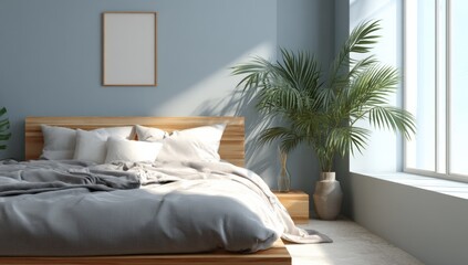 Modern bedroom interior with large window natural light and lush indoor plant in minimal decor relaxation space