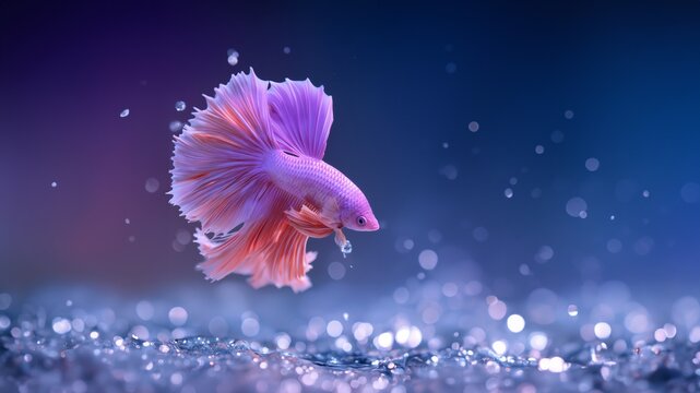 Farbenpr&auml;chtiger Kampffisch mit ausgebreiteten Flossen schwimmt in blauem Wasser