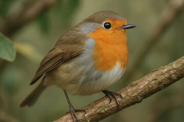 Obraz premium A vibrant robin perches on a branch, its orange breast contrasting with the surrounding greenery
