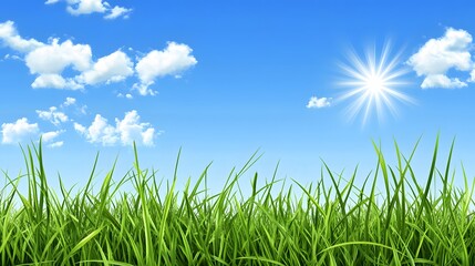Fototapeta premium Vibrant Green Grass Meadow under Sunny Blue Sky