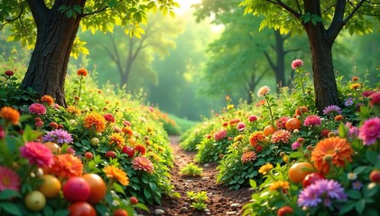 A vibrant, lush garden overflowing with blooming flowers and ripening fruits, symbolizing growth and abundance, representing a treasure cultivated with care and time , vegetable, harvest