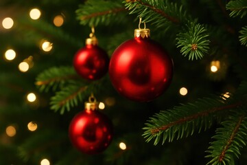 Fototapeta premium A serene Christmas tree adorned with glowing golden lights and three vibrant red baubles, symbolizing warmth and joy during the holiday season