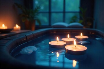Tranquil Floating Candles in Dark Blue Water Basin Spa, Meditation, and Wellness Imagery