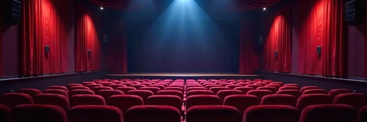 Serene theater interior, dim lighting, plush velvet seats, empty stage, peaceful atmosphere, perfect for relaxation and tranquility , plush, calmness