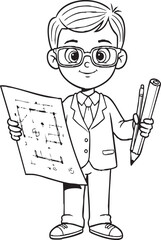 Cartoon Boys as Waiters and Architect Line Art – Kids Career Coloring Page, Serving Food and Holding Plans, Educational Job Character Set for Learning Fun