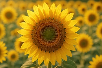 Fototapeta premium A radiant sunflower stands out against a sea of similar blooms, its petals unfurling in a dance of light and shadow