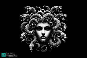 medusa head tattoo design dark art scary creepy style tattoo illustration vector black and white background templates