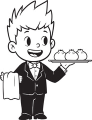 Cartoon Boys as Waiters and Architect Line Art – Kids Career Coloring Page, Serving Food and Holding Plans, Educational Job Character Set for Learning Fun
