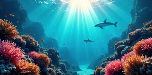 Serene underwater scene with vibrant coral reefs, playful dolphins, and schools of colorful fish swimming amidst sunlit water A tranquil paradise beneath the waves , blue, reef