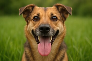 A joyful German Shepherd enjoys a sunny day in the lush green field