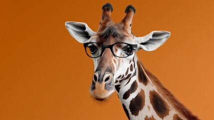 Obraz premium Giraffe wearing glasses is staring at the camera. The image has a playful and whimsical mood, as the giraffe is dressed in a human-like manner
