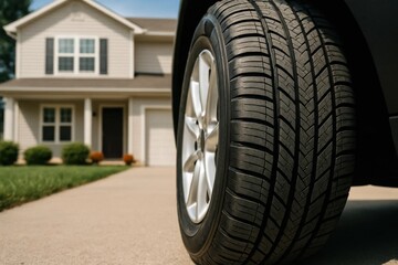 Naklejka premium A close-up of a tire in front of a pristine white house, symbolizing the journey ahead
