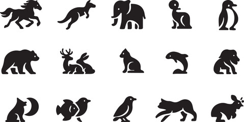 Cartoon Animal Icon Set &ndash; Black Silhouette Vector Collection for Kids, Nursery, and Graphic Design