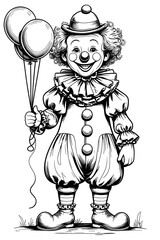 AI Generative. Smiling Clown Holding Balloons - Black and White Outline Illustration. 5