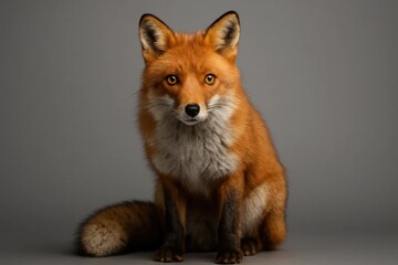 A red fox sits poised on a gray background, its gaze steady and alert