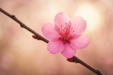 Obraz premium A delicate pink blossom graces a serene twig against a softly blurred backdrop, symbolizing nature's quiet beauty and resilience
