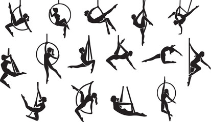 Aerial Silks and Hoop Acrobatics Silhouettes Set - Vector