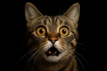 Amidst the shadows, a tabby cat's wide-eyed gaze captures the essence of curiosity and alertness