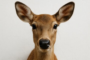 Fototapeta premium A moment of curiosity captured in the eyes of a deer, set against a stark white canvas