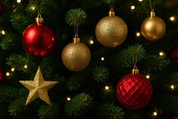 Fototapeta premium A festive Christmas tree adorned with red, gold, and silver ornaments, a shining star, and twinkling lights