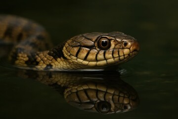 Obraz premium A serene moment captured as a snake glides through calm waters, its reflective scales shimmering in the stillness