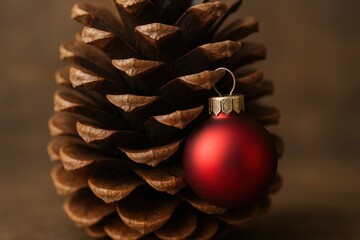A red Christmas ornament is hanging from a pine cone on a brown background
