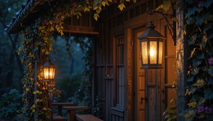 A charming outdoor lantern illuminates a wooden porch at twilight.