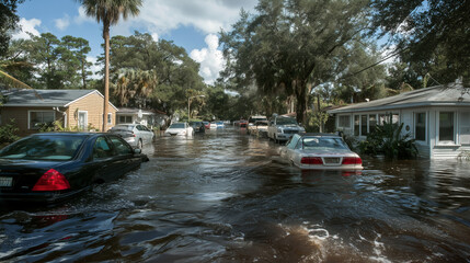 Street in the neighborhood flooded with water with cars half submerged in the water during flooding