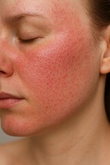 Fototapeta premium Close-up of a woman's face with severe facial redness, irritation, and inflamed skin. Visible enlarged pores, sensitive texture, and rosacea-like condition on cheek.