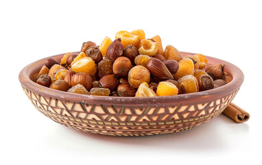 A decorative bowl filled with Kestane Sekeri, traditional Turkish candied chestnuts, isolated on a white background.
