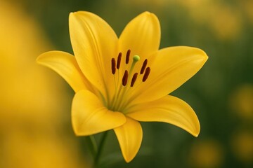 A solitary yellow lily blooms against a soft green backdrop, its vibrant petals radiating warmth and tranquility