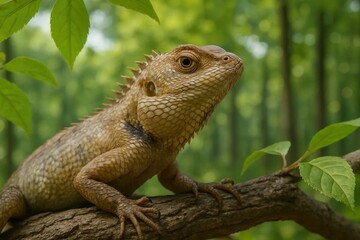Fototapeta premium A reptile with a captivating gaze perches on a branch, surrounded by lush greenery