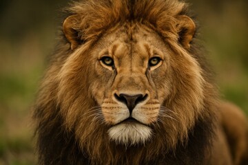 Naklejka premium A majestic lion gazes directly into the camera lens, embodying the raw power and beauty of nature