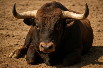 A lone bull rests in the arena, its gaze steady and unyielding