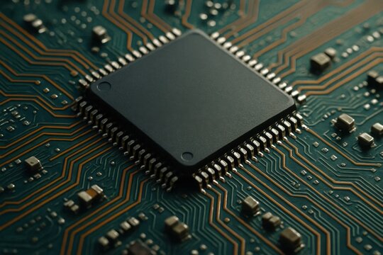 A close-up of a microchip on a circuit board, showcasing intricate patterns of copper traces and metallic components