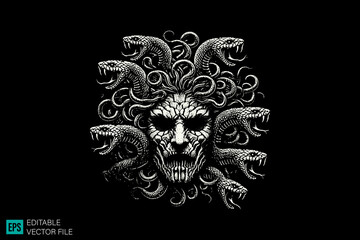Medusa head skull dark art scary creepy style tattoo illustration vector black and white background templates