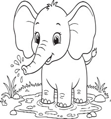 Cute Baby Elephant Splashing in Water Line Art – Adorable Jungle Animal Coloring Page for Kids, Wildlife Illustration, Safari Character, Nature Fun Sketch

