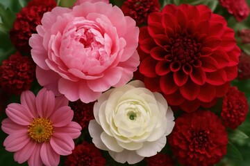 A Close-Up of Pink, Red, and White Dahlias in Full Bloom