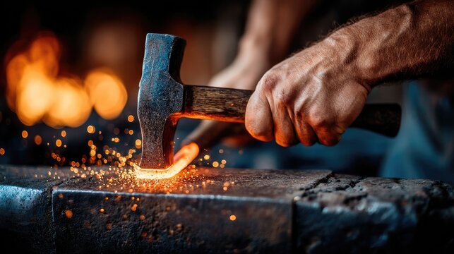 Craftsman forging metal with a hammer, sparks flying in the workshop.