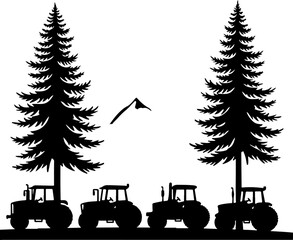 Fototapeta premium Tractor Convoy Silhouette with Forest Background vector bundle